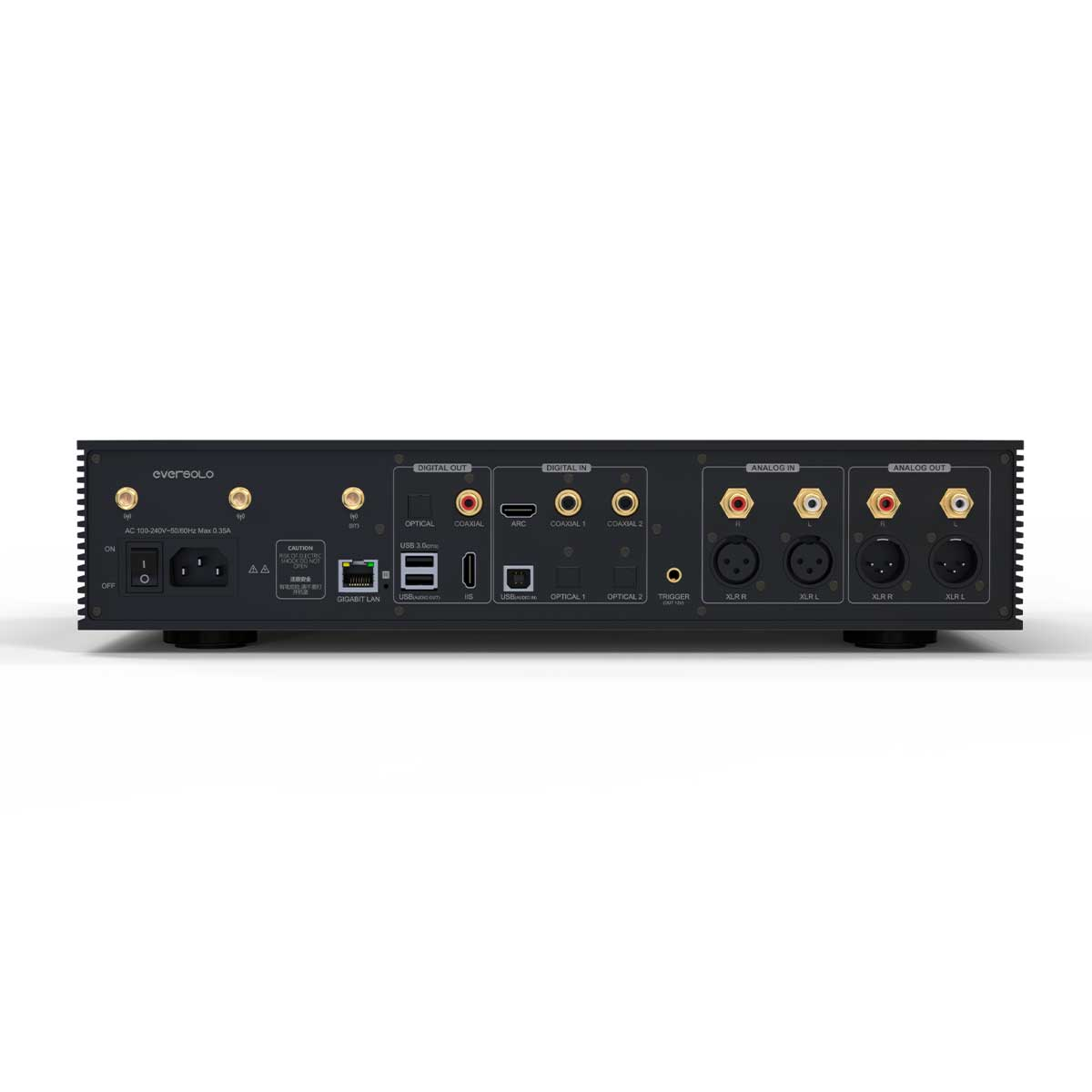 Panel trasero de un streamer de audio Eversolo negro con varias entradas y salidas, incluyendo XLR, HDMI y LAN.