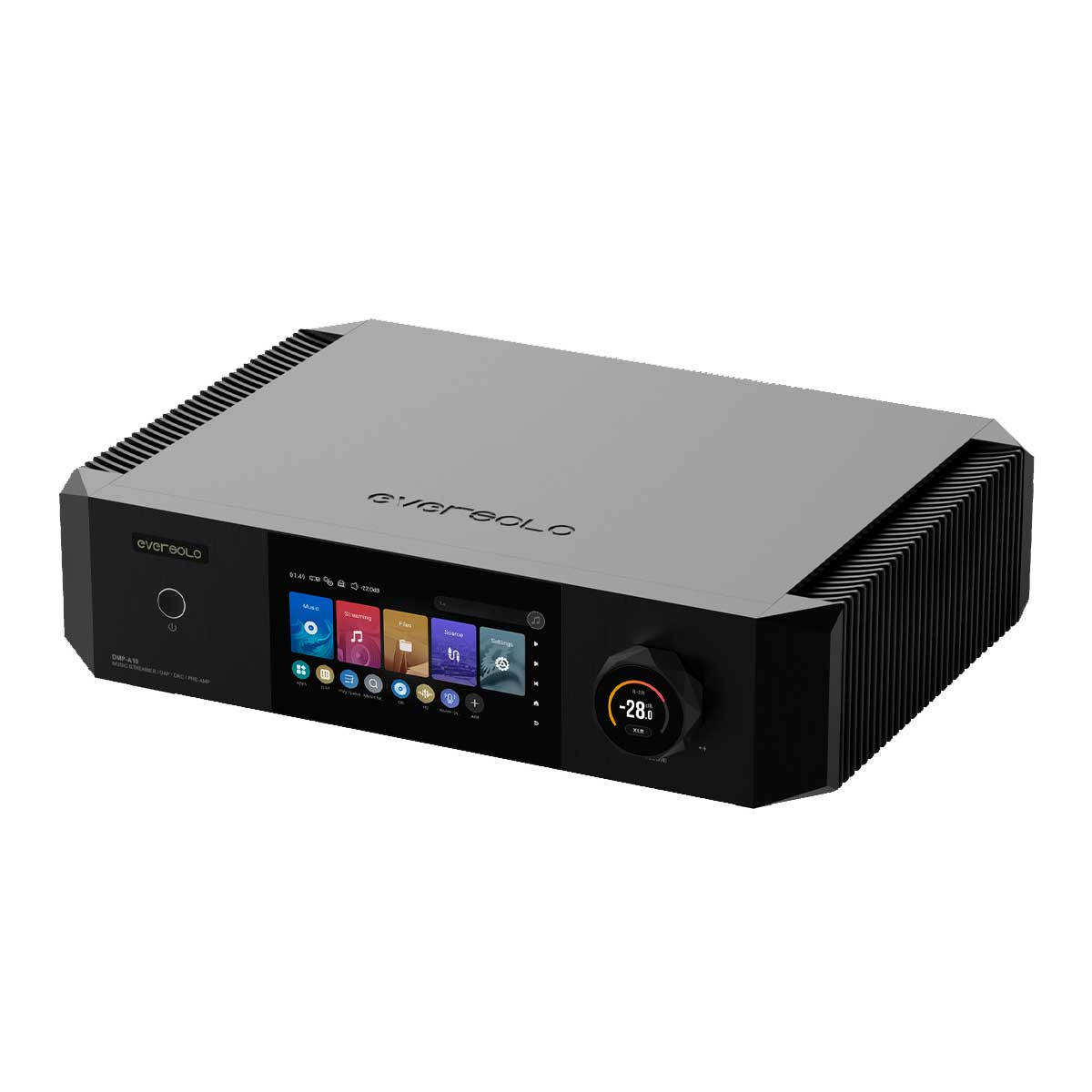 Streamer de audio Eversolo DMP-A10 con chasis plateado, panel frontal negro, pantalla táctil a color y gran mando.