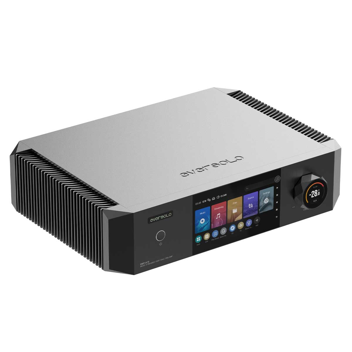 Streamer de música EverSolo en plata y negro con pantalla táctil y control de volumen sobre fondo blanco.