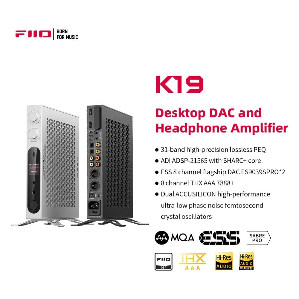 DAC y amplificador de auriculares de escritorio FiiO K19 con lista de características.