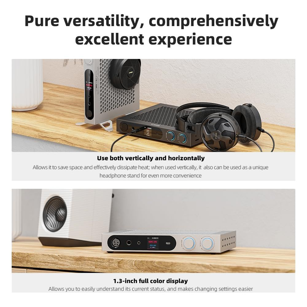 Dispositivo de audio en escritorio de madera, utilizable vertical y horizontalmente, con auriculares.