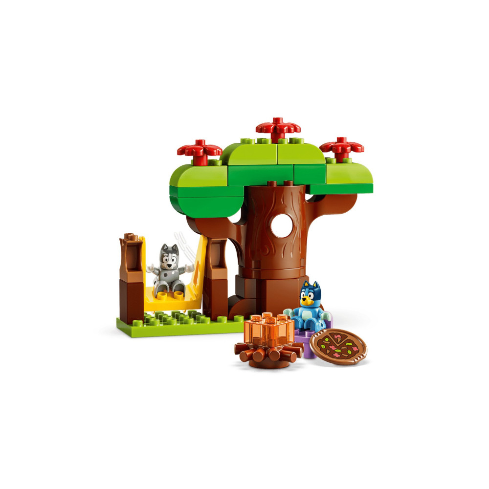 Set albero Lego con altalena, personaggi, fuoco da campo e pizza.