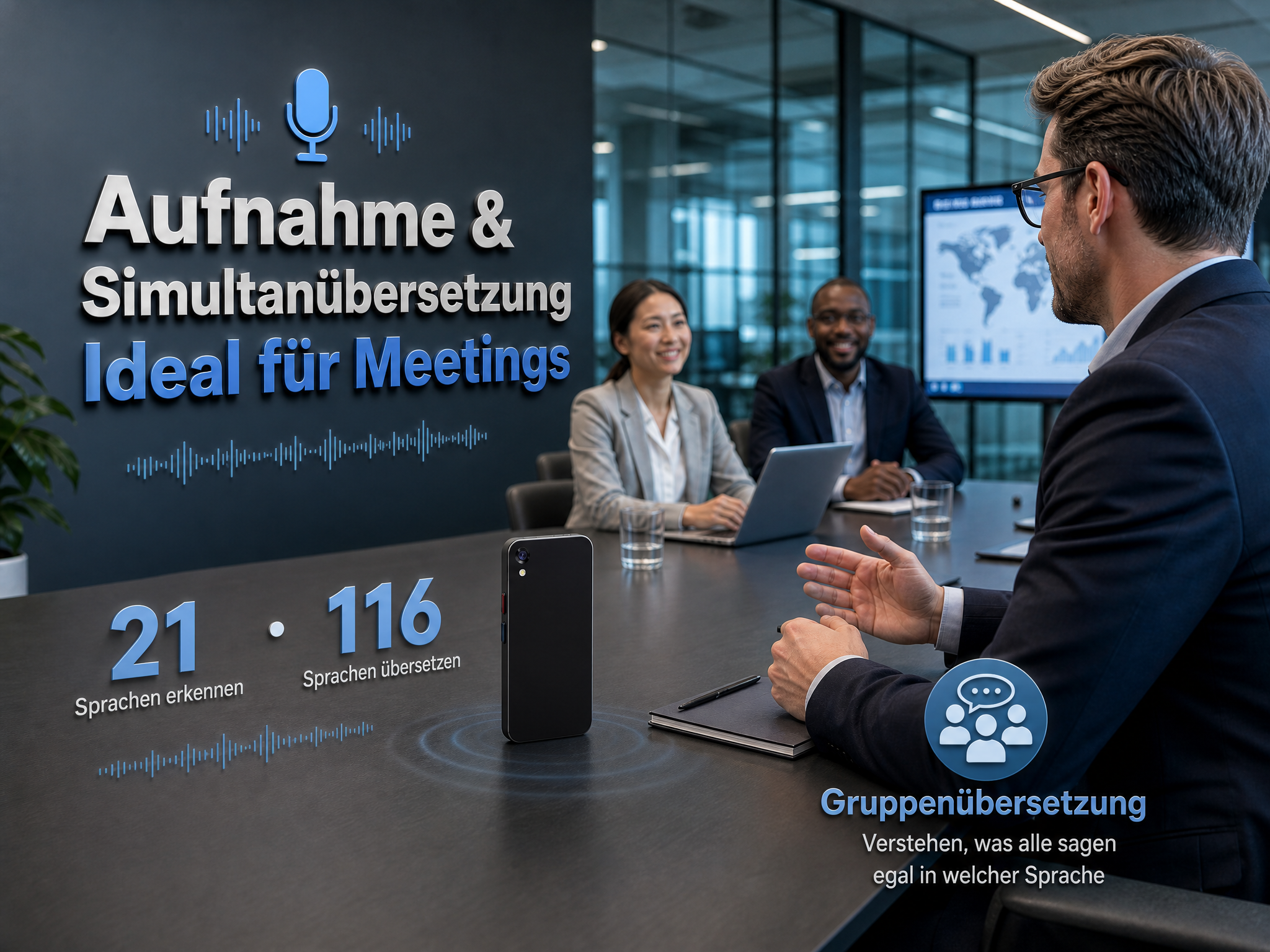 Ein Mann in einem Meeting gestikuliert neben einem Smartphone auf dem Tisch, mit deutschem Text zu Aufnahme und Übersetzung.