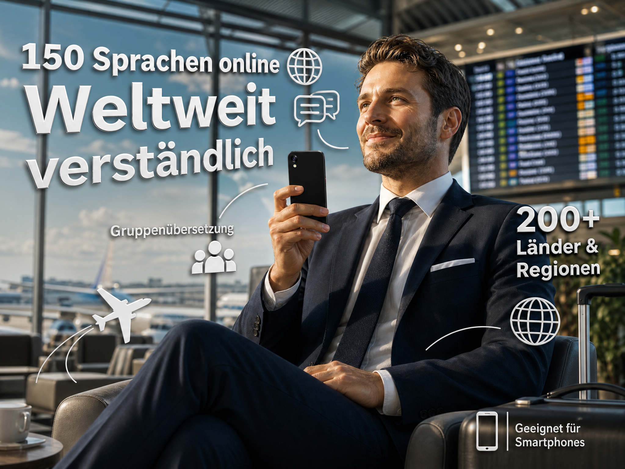 Ein Geschäftsreisender sitzt in einer Flughafenlounge, hält ein Smartphone in der Hand und schaut lächelnd nach oben.