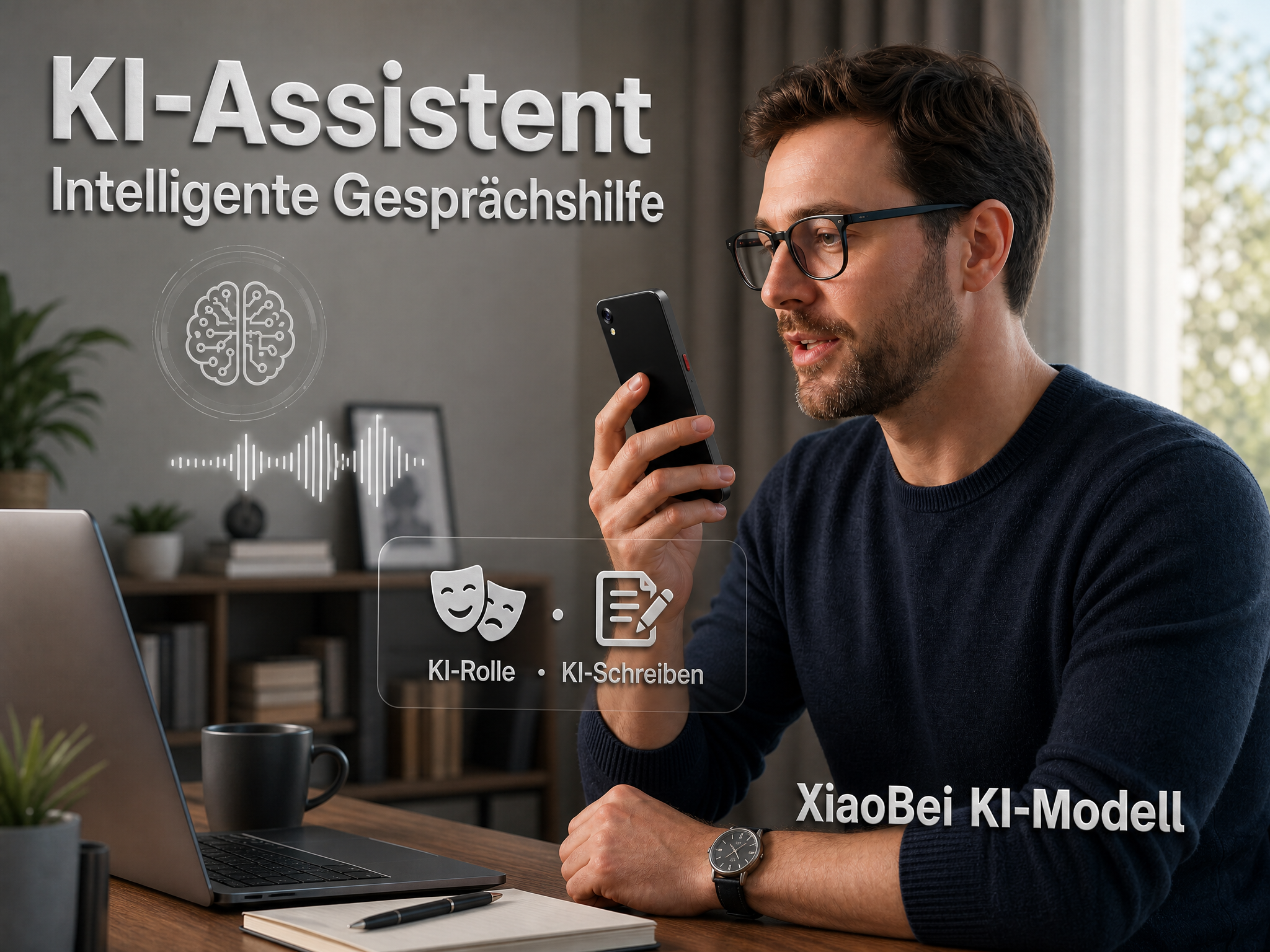 Mann mit Brille sitzt am Laptop, telefoniert mit Smartphone, mit digitalen KI-Symbolen im Vordergrund.