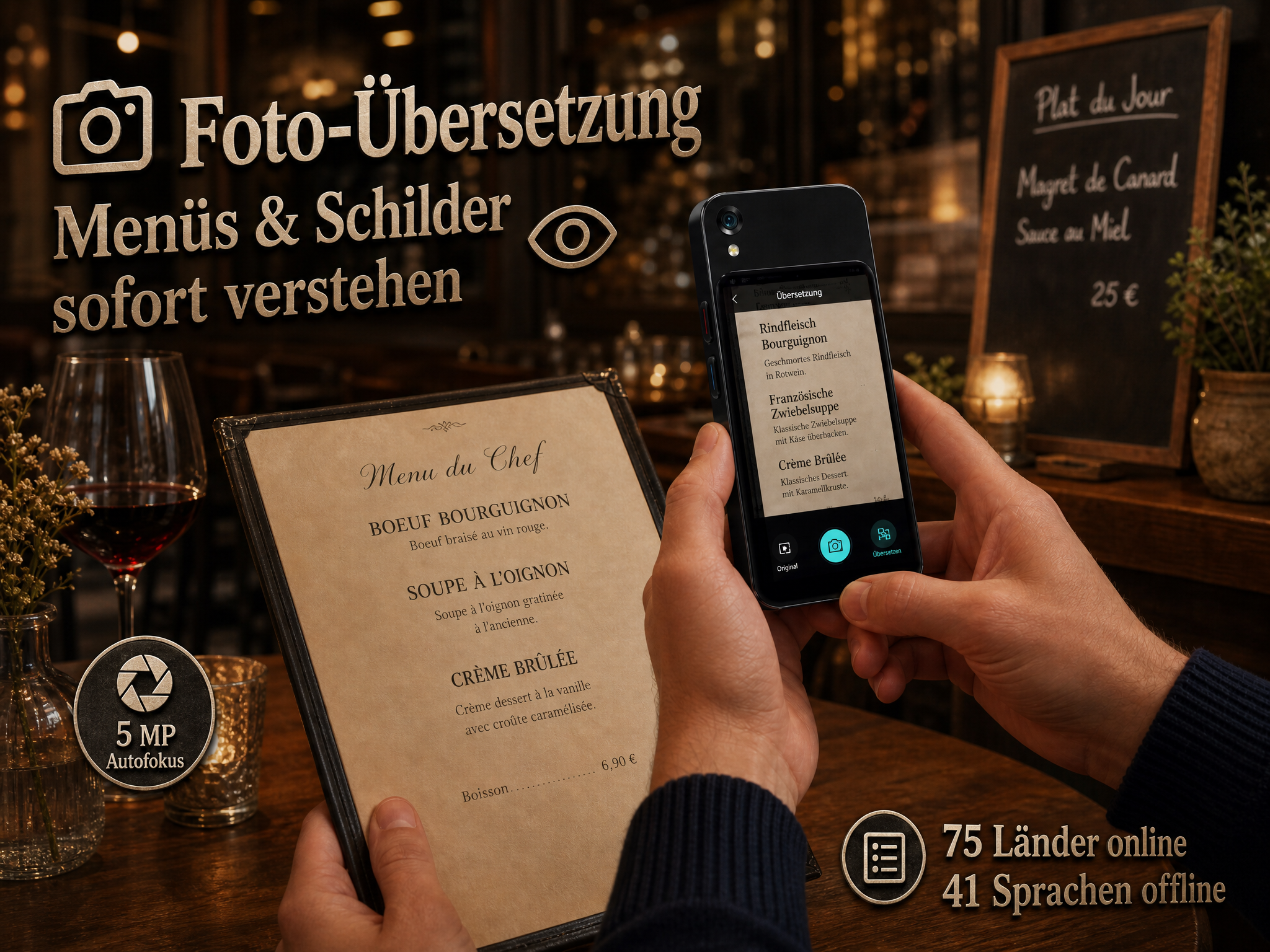 Smartphone übersetzt ein französisches Menü mit deutscher Übersetzung auf dem Display in einem Restaurant.