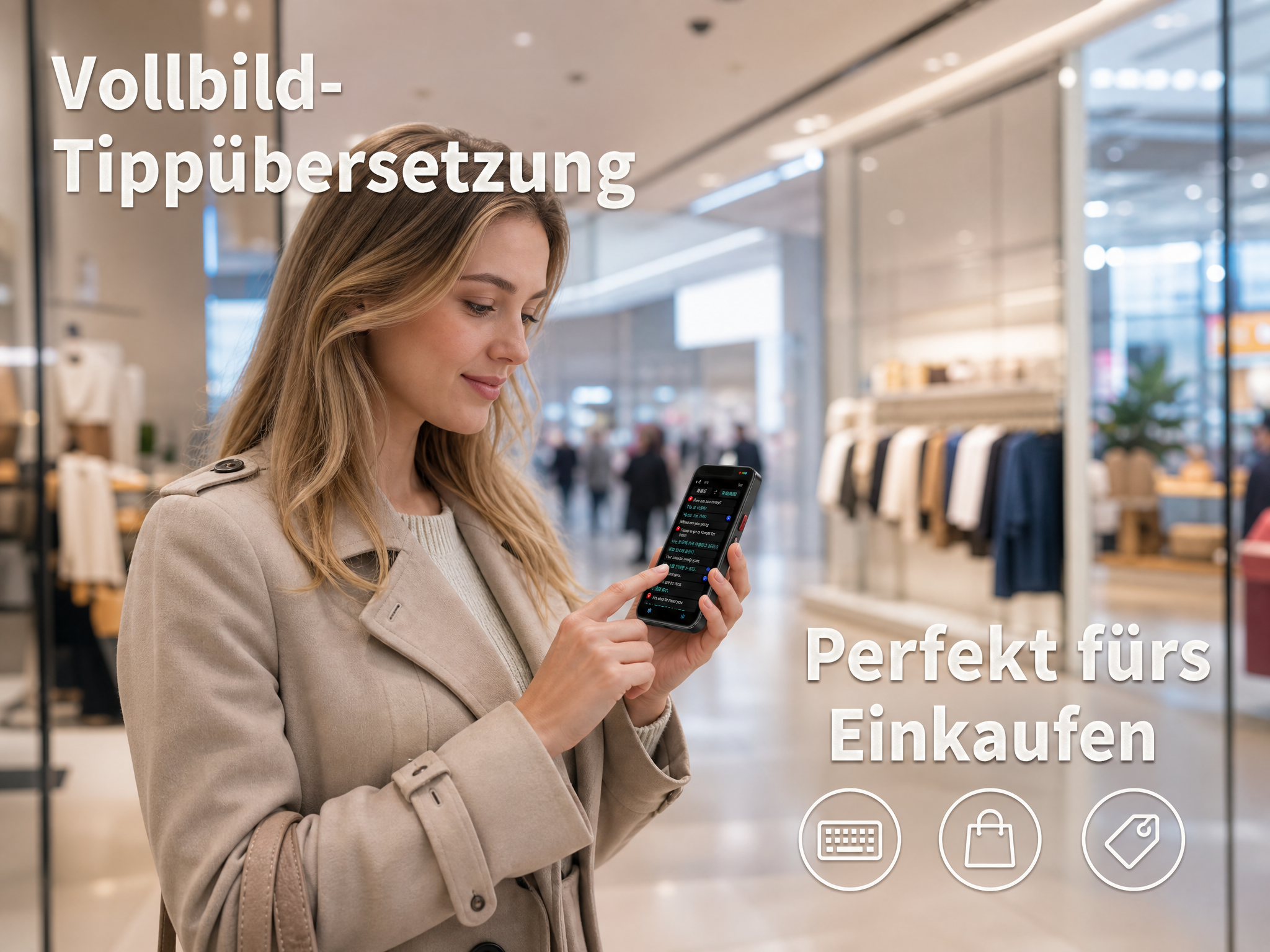Eine blonde Frau tippt in einer belebten Einkaufspassage auf ihr Smartphone.