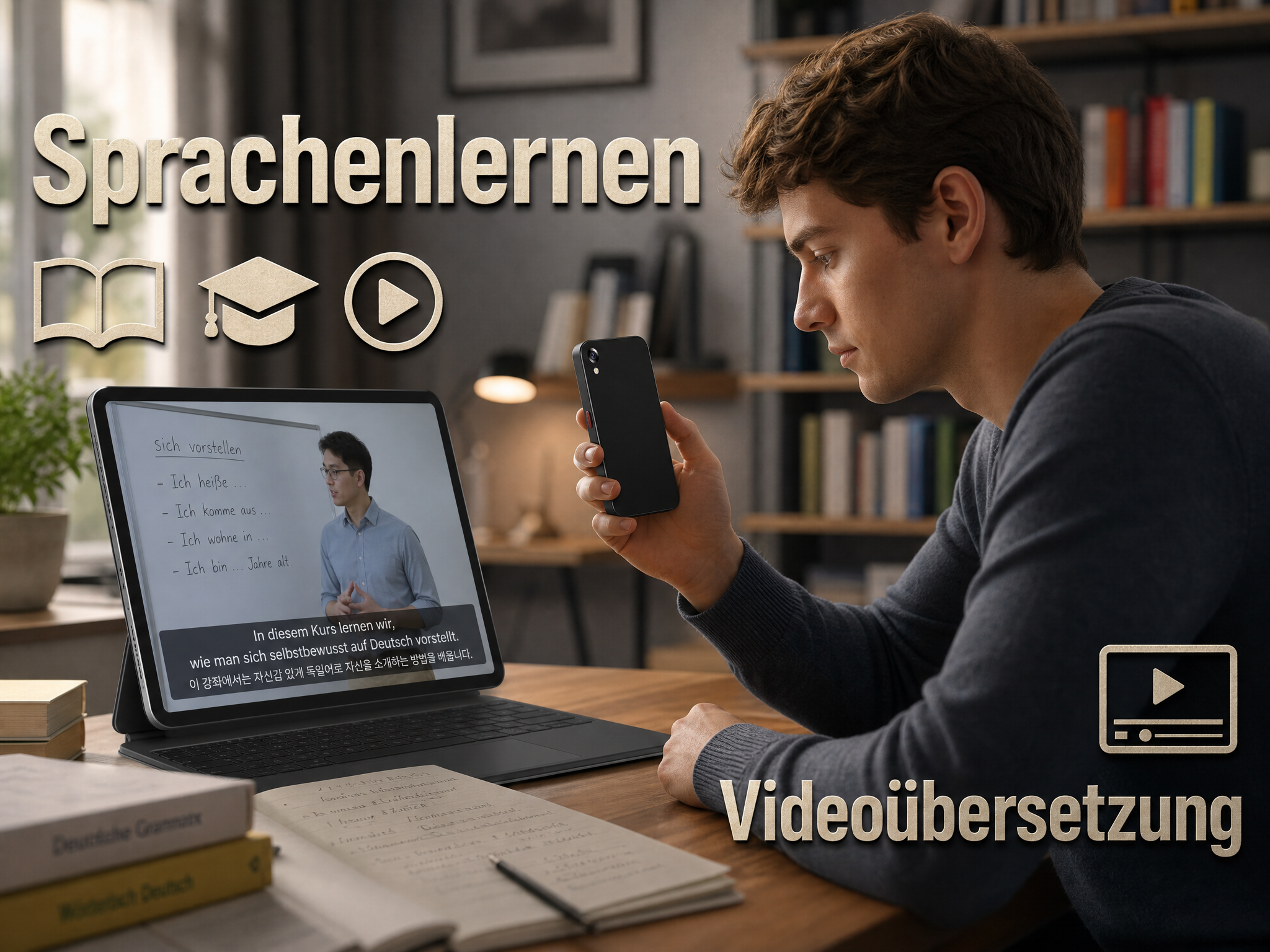 Ein junger Mann lernt Sprachen mit einem Tablet und Smartphone an einem holzigen Schreibtisch.