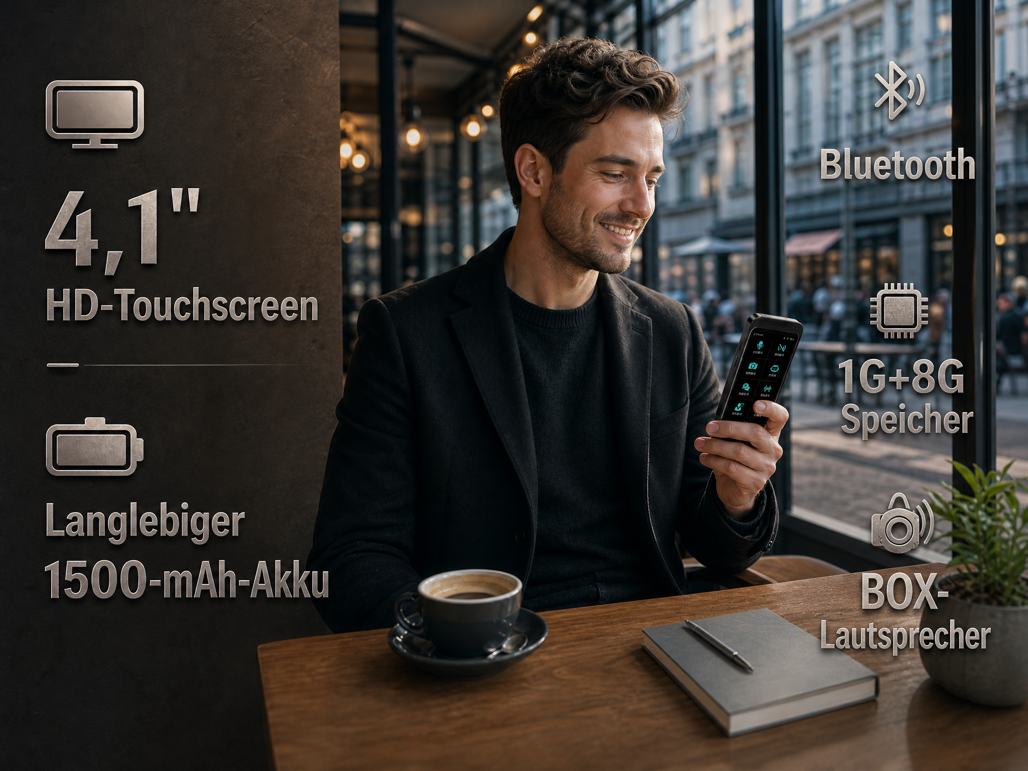 Ein Mann sitzt in einem Café, hält ein Smartphone und blickt darauf, umgeben von Produktfeatures.