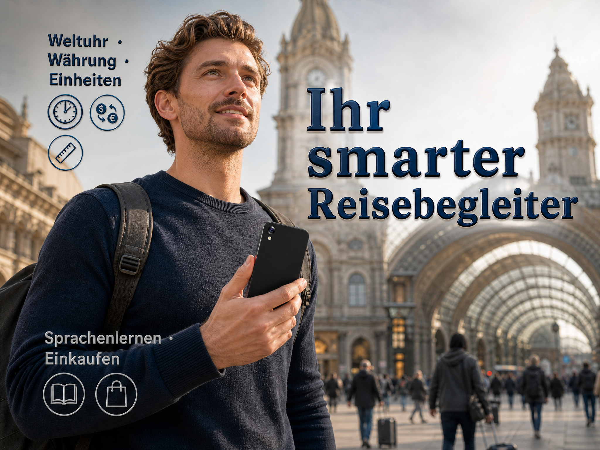 Ein lächelnder Mann mit Rucksack hält ein Smartphone vor einer großen Bahnhofsarchitektur.