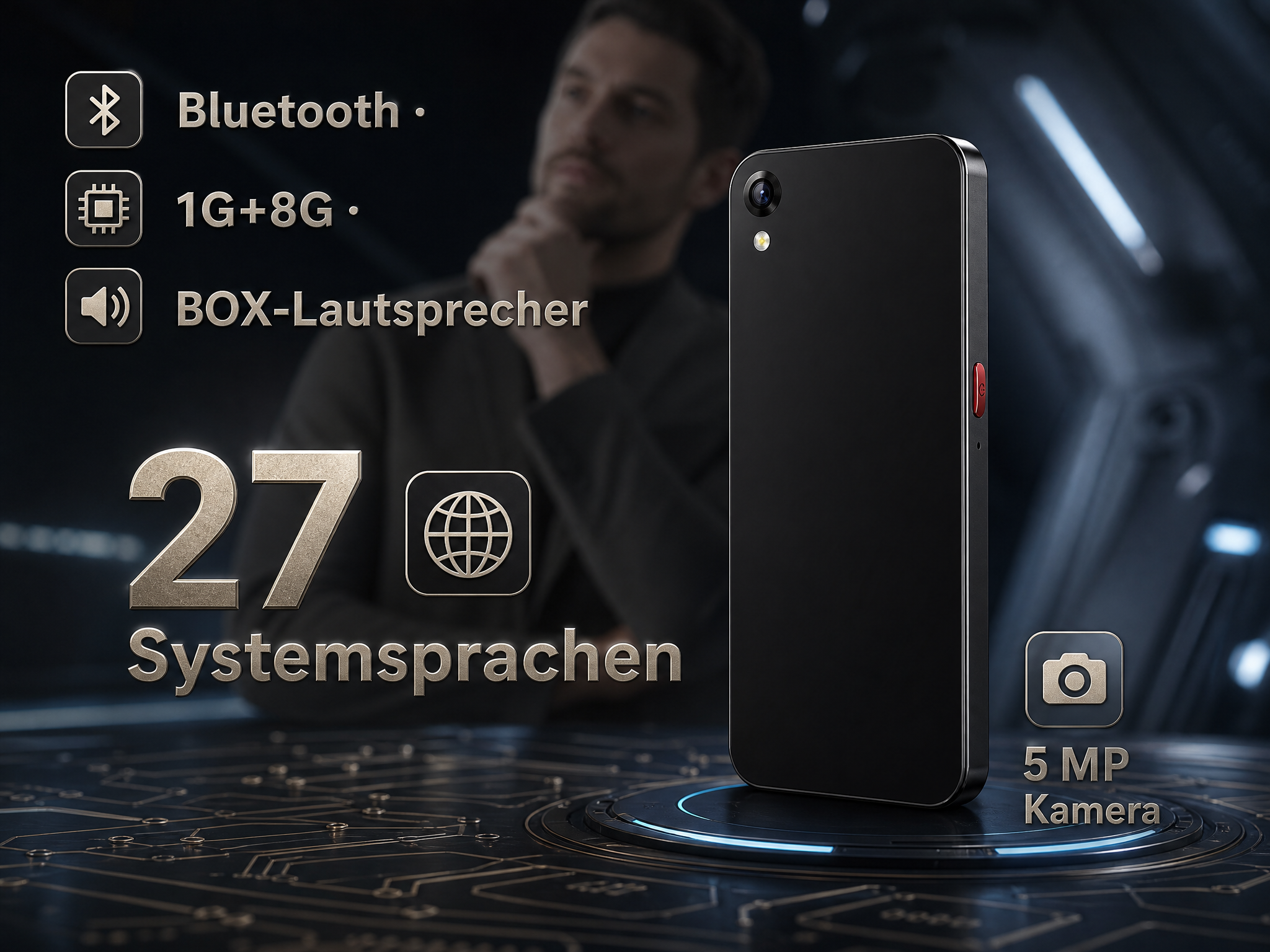 Ein schwarzes Smartphone mit Bluetooth und 5MP Kamera, im Hintergrund ein Mann.
