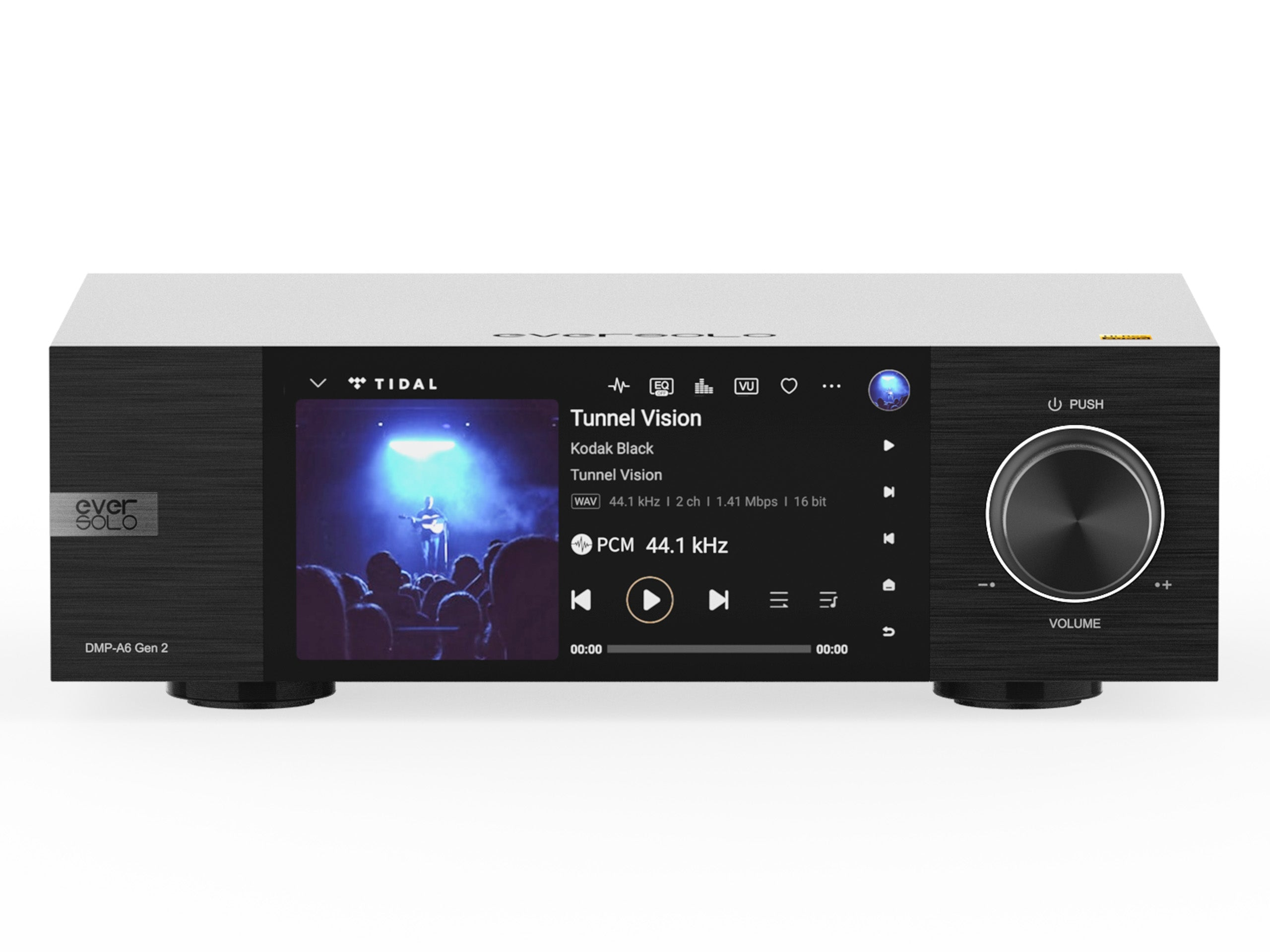 Reproductor de audio EverSolo DMP-A6 Gen 2 con pantalla táctil y control de volumen sobre fondo blanco.