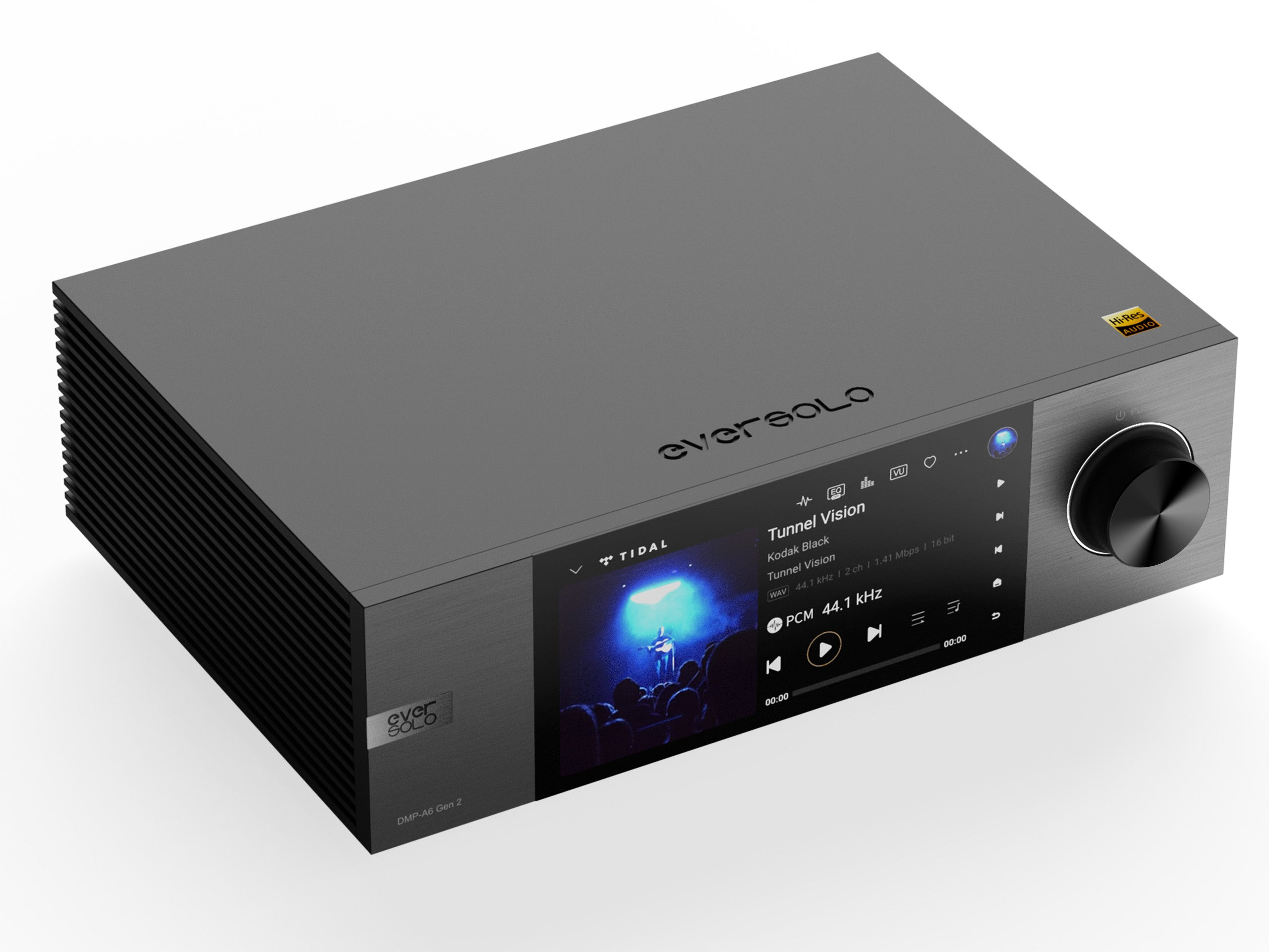 Reproductor de audio Eversolo DMP-A6 Gen 2 gris con pantalla táctil y control de volumen.