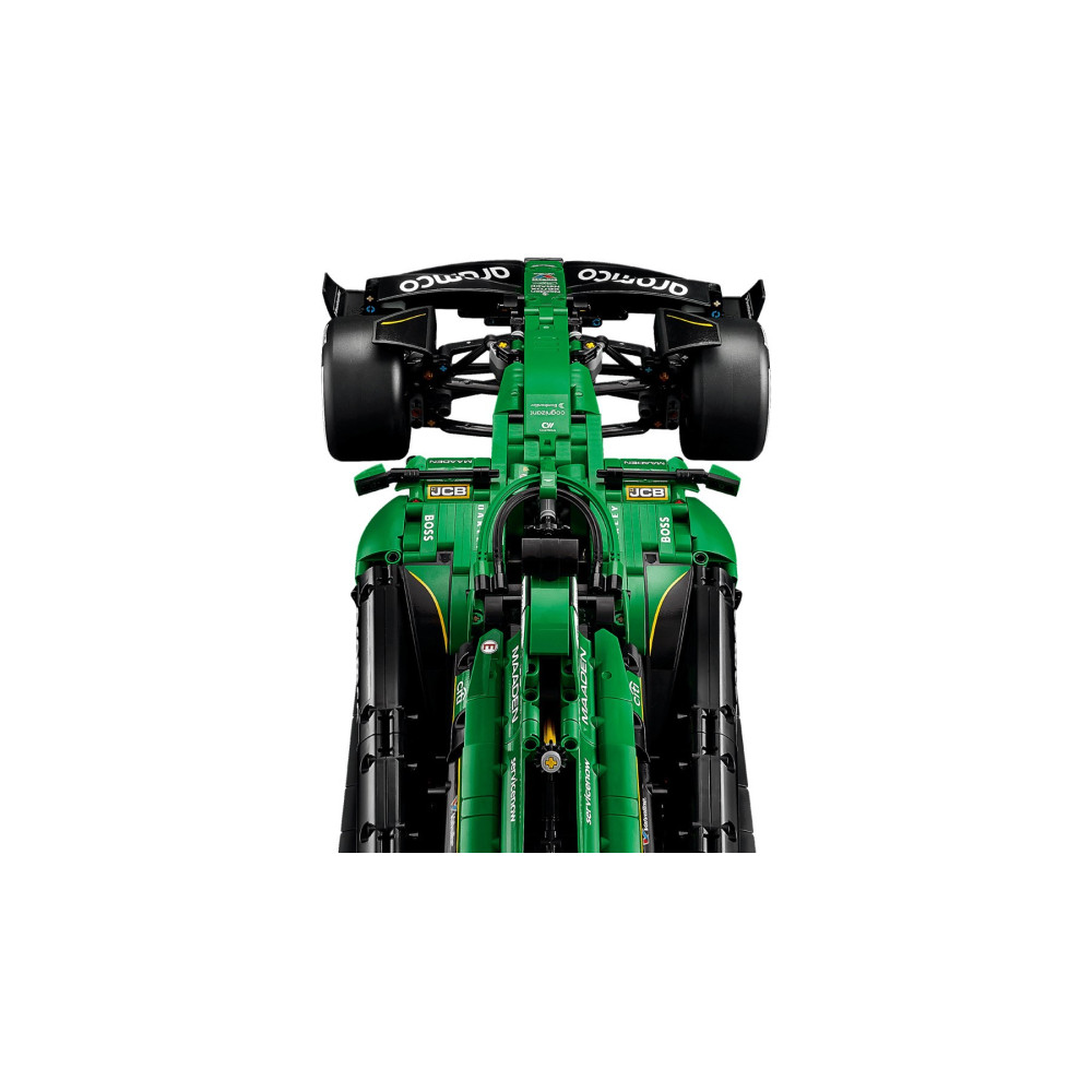 Yeşil ve siyah renkli bir Formula 1 yarış aracı modelinin üstten görünümü, arka kanadını ve süspansiyonunu sergiliyor.