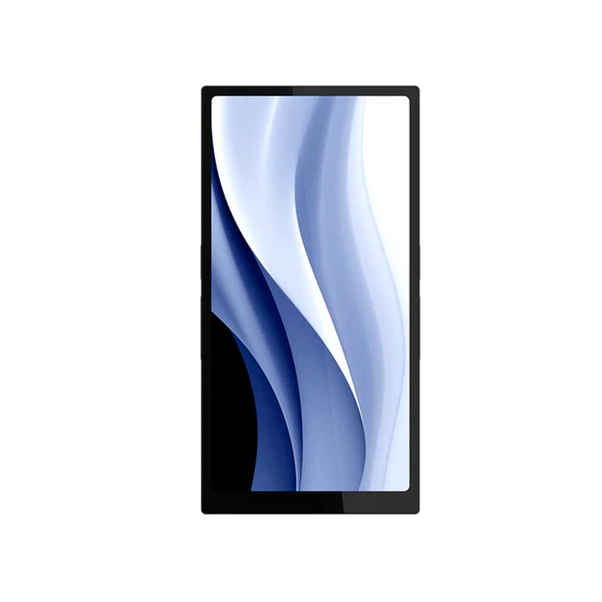 Un teléfono inteligente con marco negro muestra un patrón abstracto de ondas azules y blancas.
