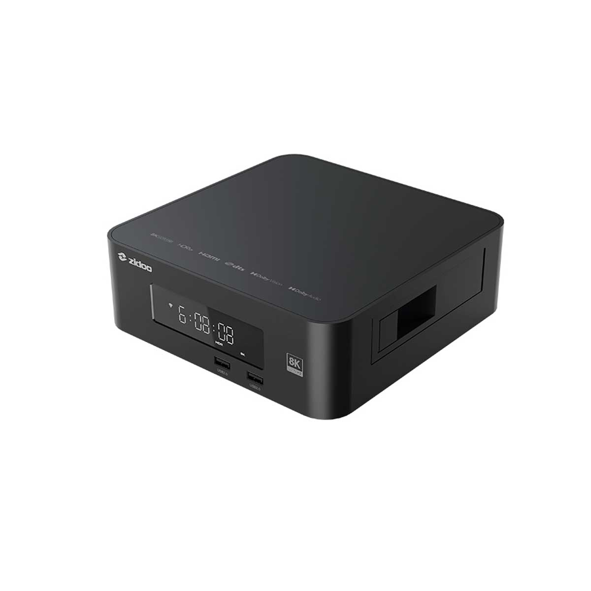Un reproductor multimedia Zidoo negro con pantalla LED, puertos USB y marca sobre un fondo blanco.