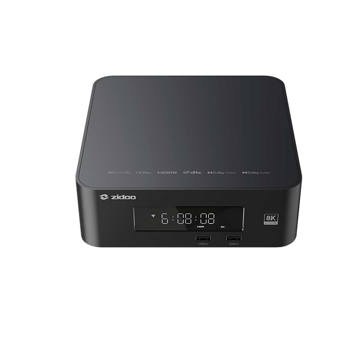 Caja multimedia negra Zidoo 8K con pantalla LED digital y puertos USB.