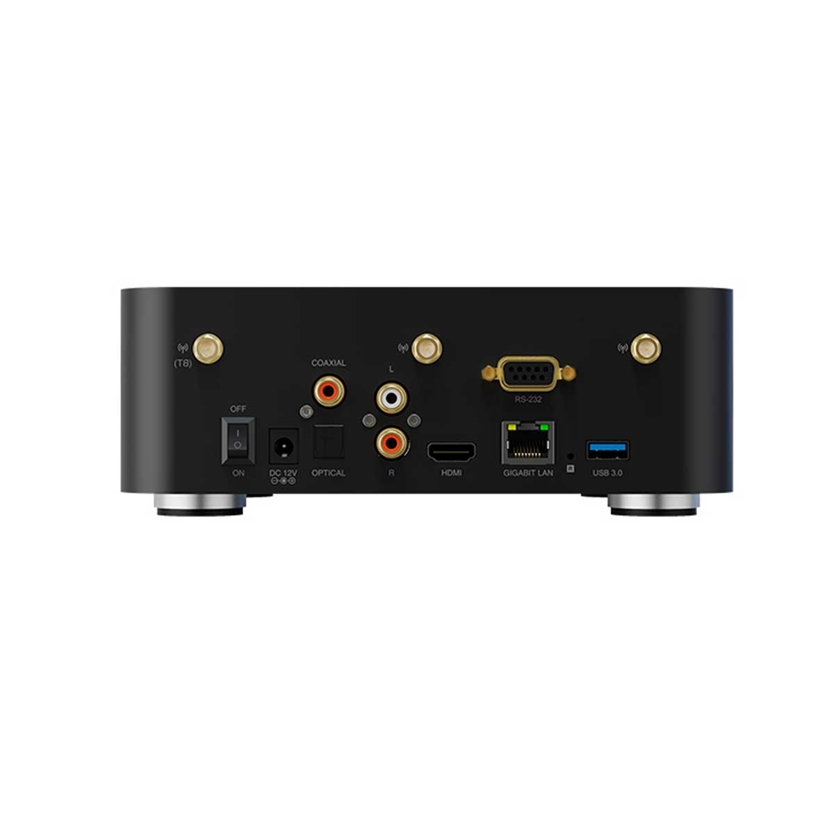 Panel trasero de un dispositivo electrónico negro con puertos como antenas, coaxial, óptico, HDMI y USB.