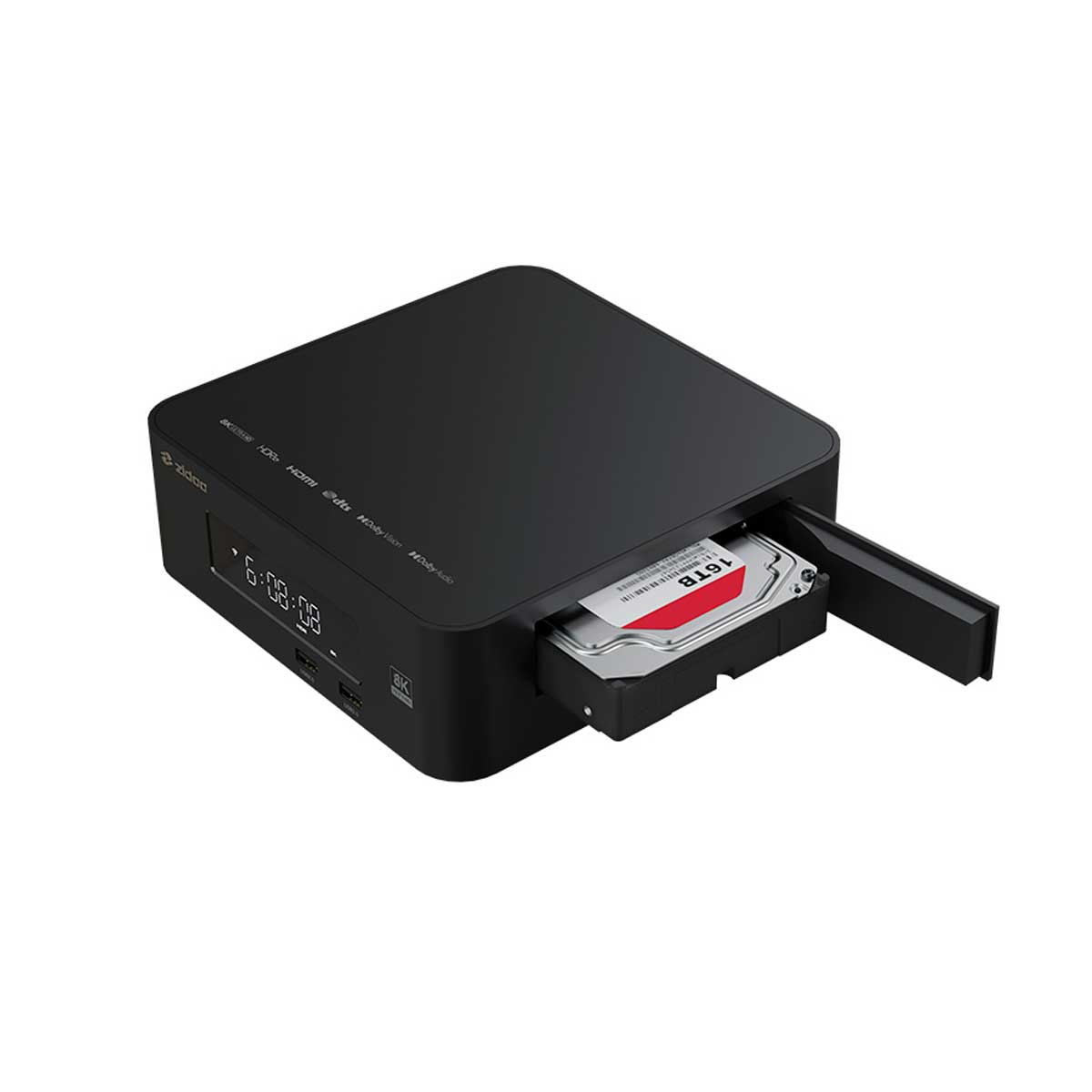 Un reproductor multimedia negro con una bahía de unidad abierta que muestra un disco duro de 16 TB.