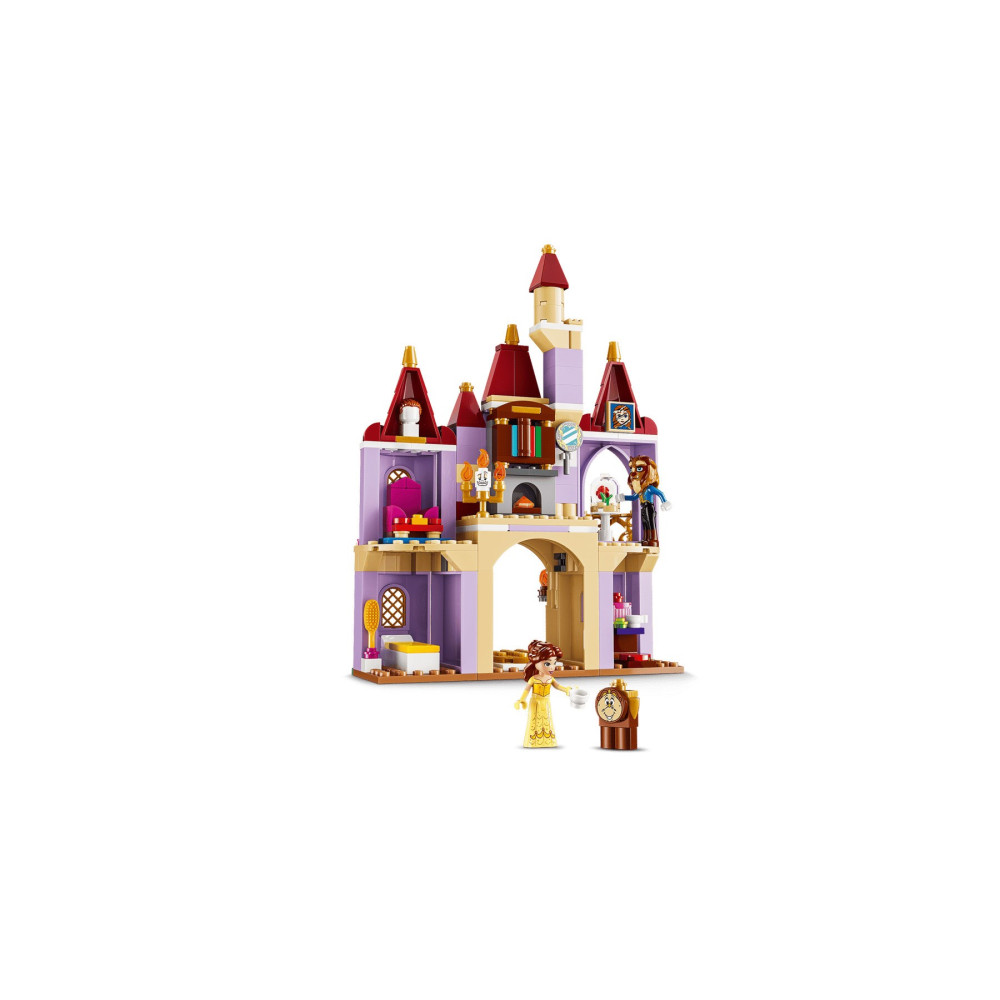 Un castello LEGO con torri, Belle e personaggi de La Bella e la Bestia.