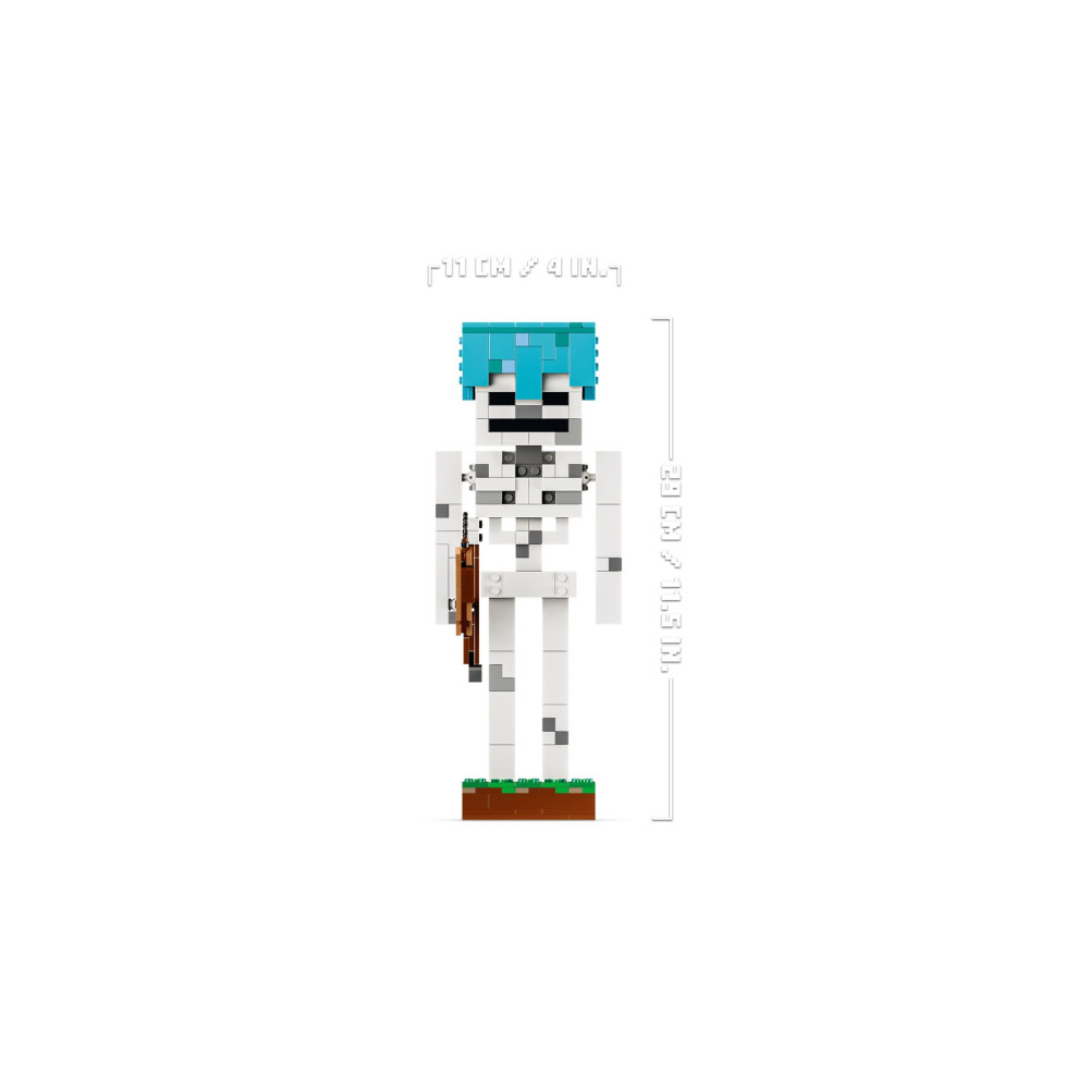 Figurka szkieletu Lego Minecraft z niebieskimi włosami i łukiem na bloku, wymiary 29 cm i 11 cm.