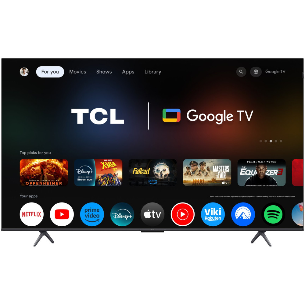 Interfejs Google TV na ekranie TCL, wyświetlający ikony aplikacji i rekomendacje.