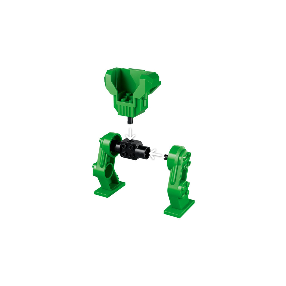 Parti Lego con busto verde, gambe e perni neri con frecce bianche di montaggio.