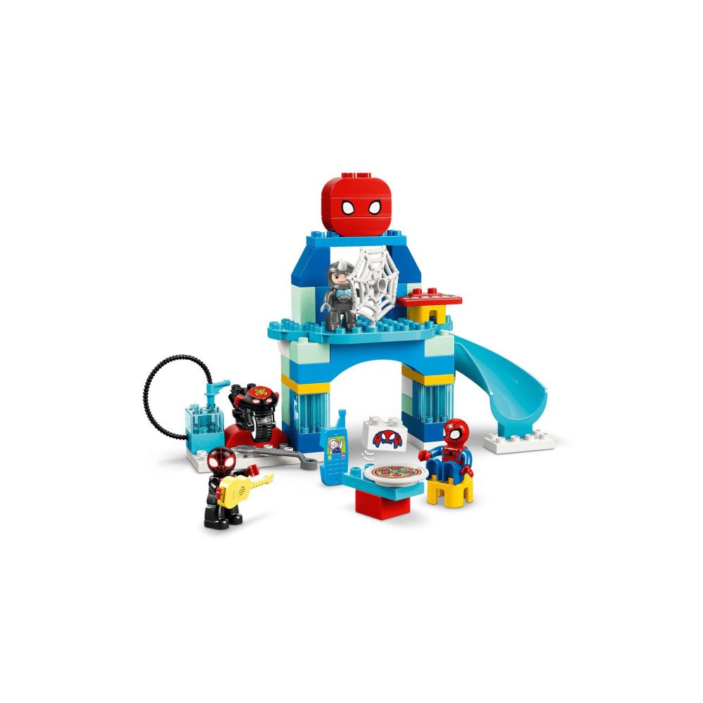 Set Lego Duplo Marvel con quartier generale di Spidey, personaggi, moto e scivolo.