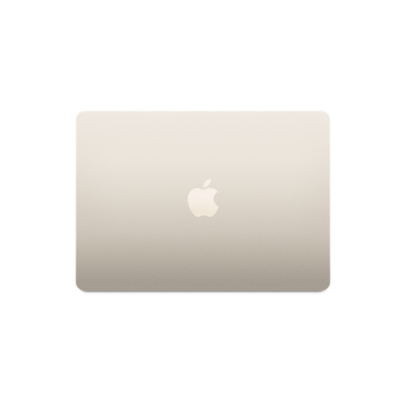 Zamknięty laptop w kolorze złozym z logo Apple na górnej pokrywie, wyśrodkowany na białym tle.