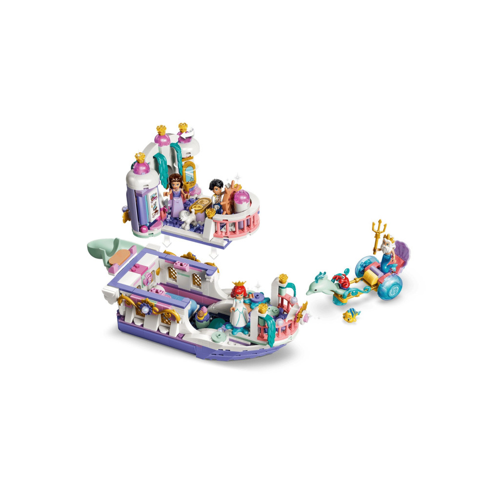 Zestaw statku Lego Ariel z minilaleczkami, królem w rydwanie delfinów i pokładem.