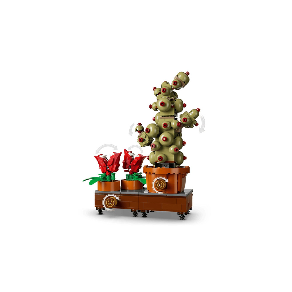 Cactus Lego e fiori rossi in vaso su base meccanica con manopole.