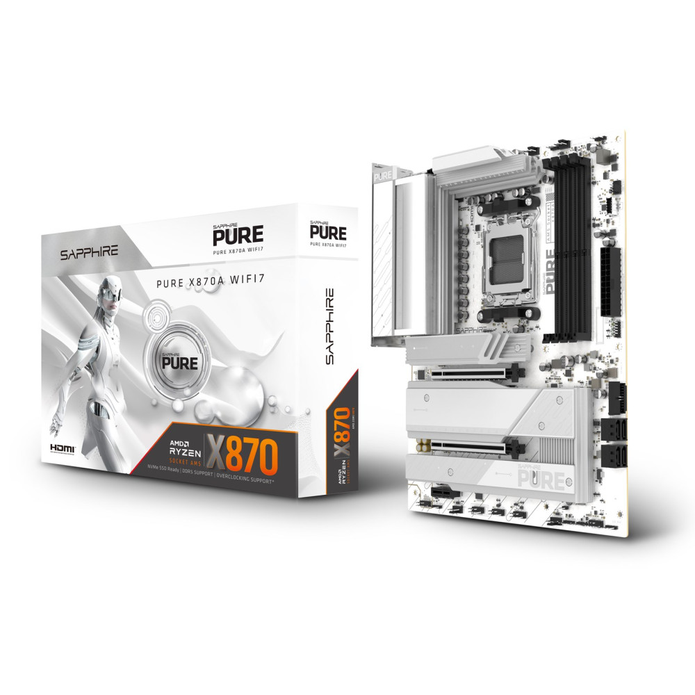 Plyta glowna Sapphire Pure X870A WiFi7 z bialym opakowaniem.