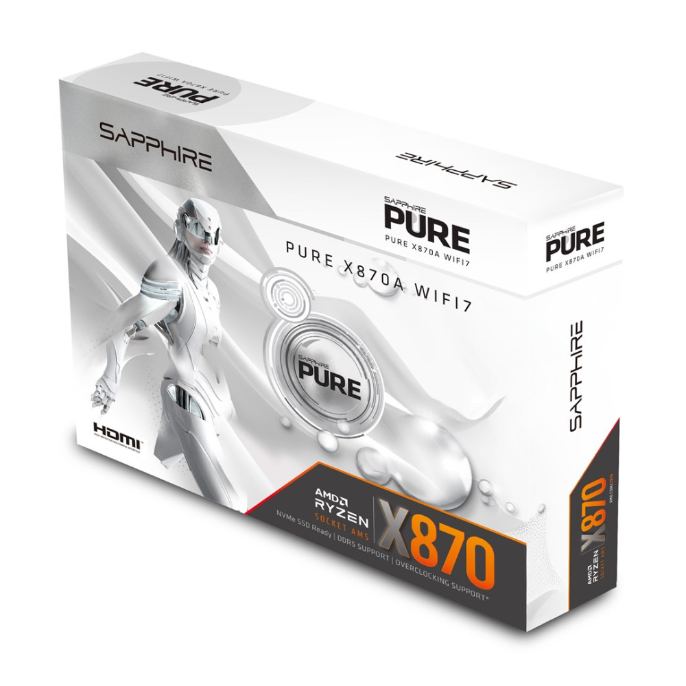 Białe pudełko płyty głównej Sapphire Pure X870A z sylwetką cyborga i pomarańczowymi akcentami.