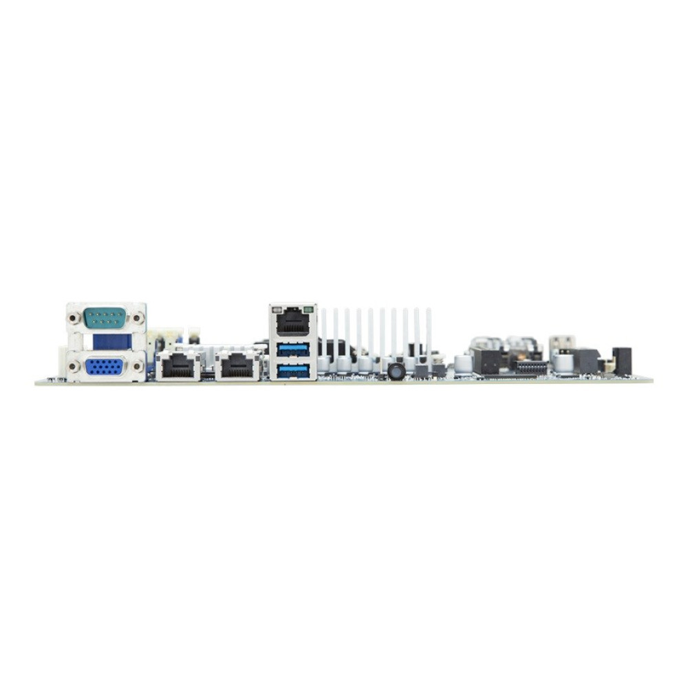 Widok z boku płyty głównej komputera z różnymi portami, w tym USB, Ethernet i VGA, na białym tle.