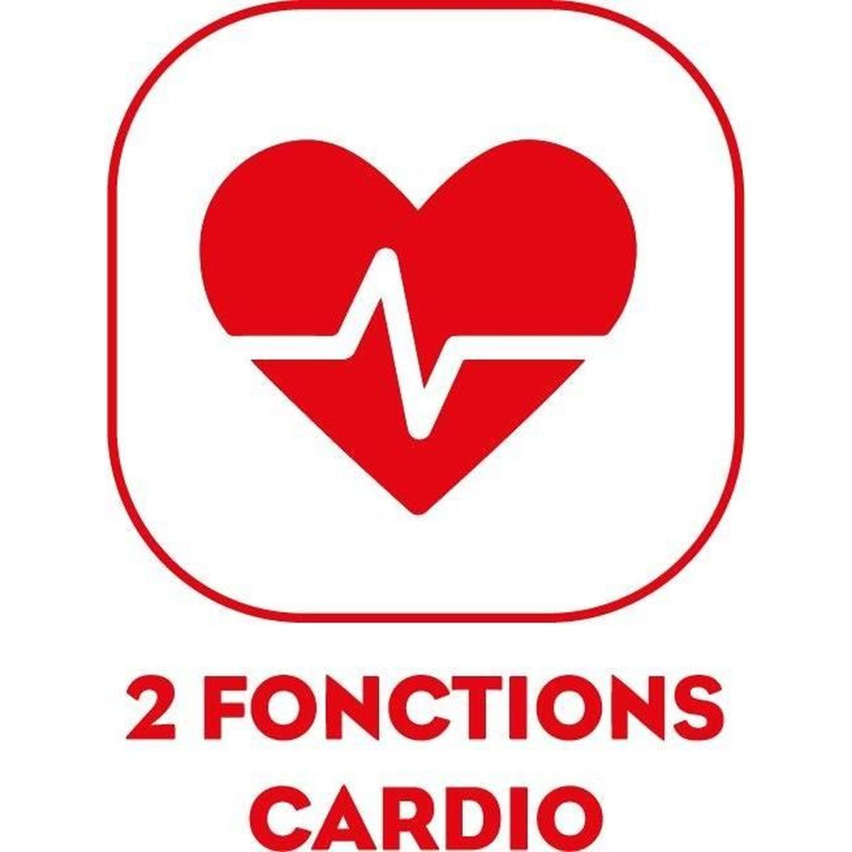 Cuore rosso con simbolo di linea ECG bianca e testo 2 FONCTIONS CARDIO sotto.