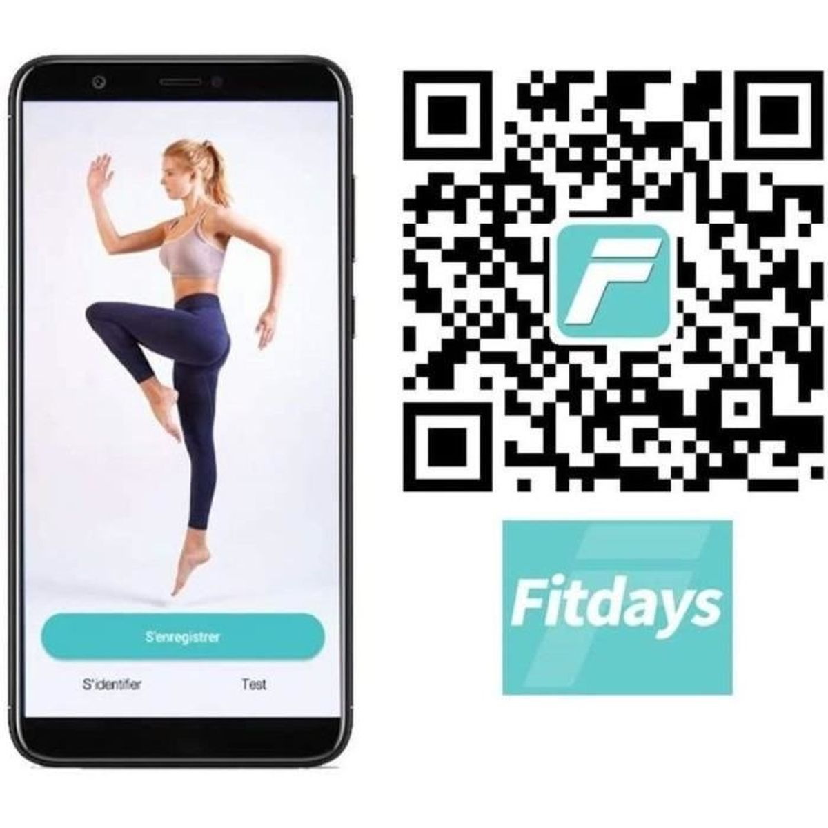 Smartphone con app di fitness, affiancato da un codice QR e dal logo Fitdays.