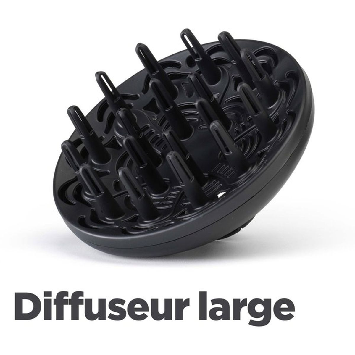 Un diffusore per asciugacapelli nero con numerose punte lunghe su sfondo bianco, sotto la scritta Diffuseur large.