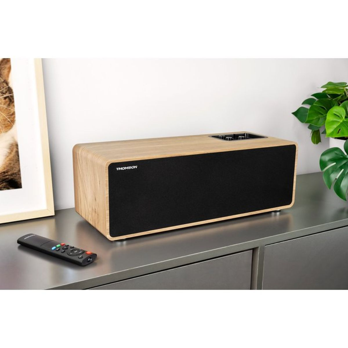 Un altoparlante Thomson in legno con griglia in tessuto nero si trova accanto a un telecomando su una cassettiera grigia.