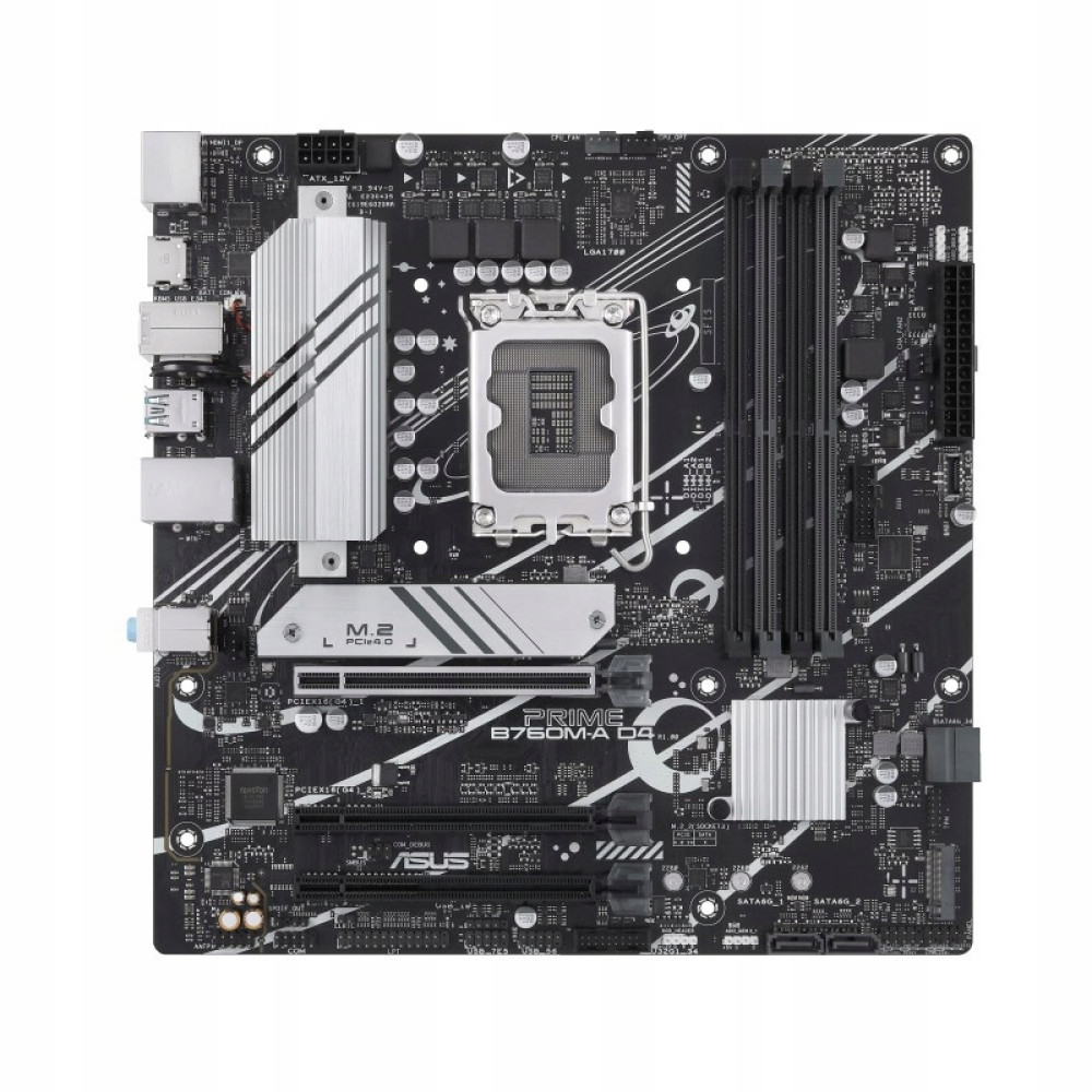 Czarna płyta główna Asus Prime B760M-A D4 z gniazdem procesora, slotami RAM, radiatorami i portami.