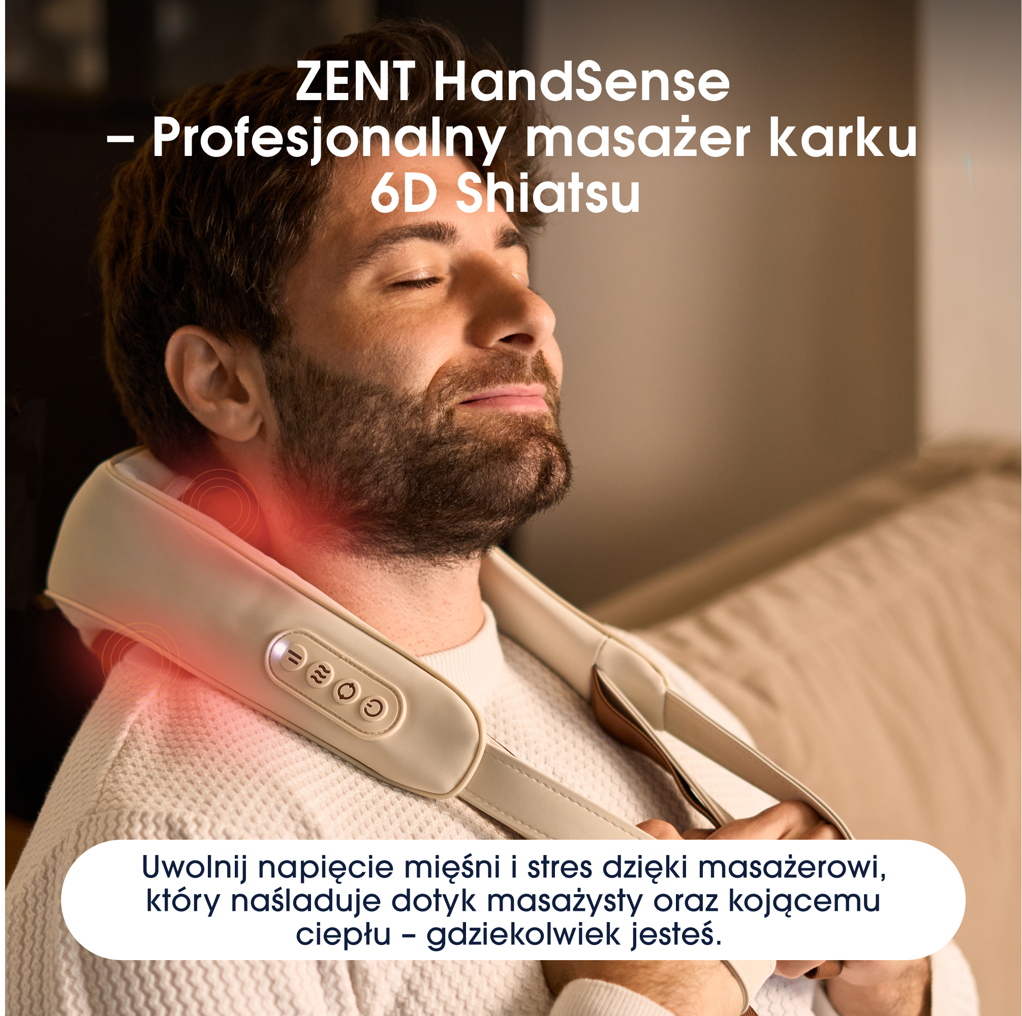 Mężczyzna z zamkniętymi oczami ma na sobie masażer karku z funkcją ogrzewania.