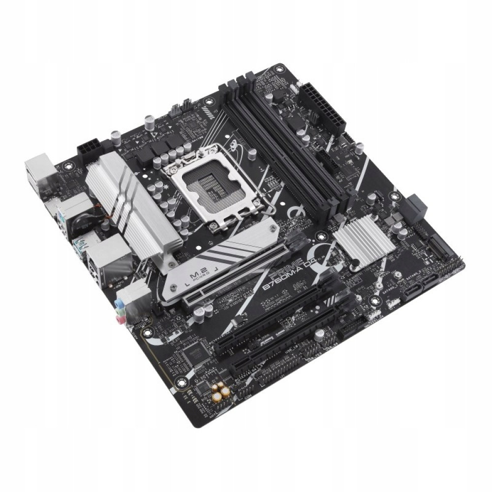Czarna płyta główna ASUS Prime B760M-A D4 ze srebrnymi radiatorami na białym tle.
