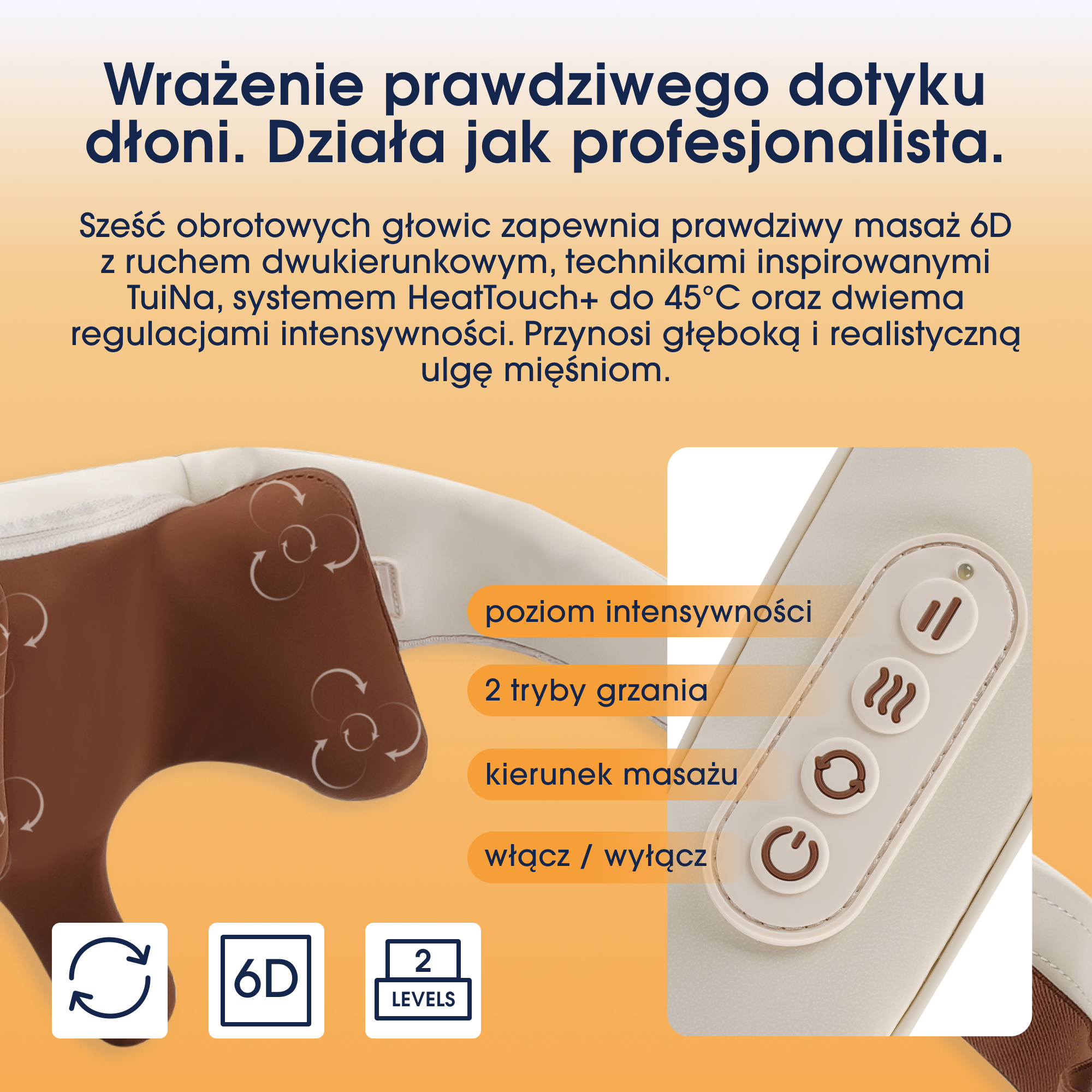 Urządzenie do masażu z brązowymi węzłami i przyciskami.