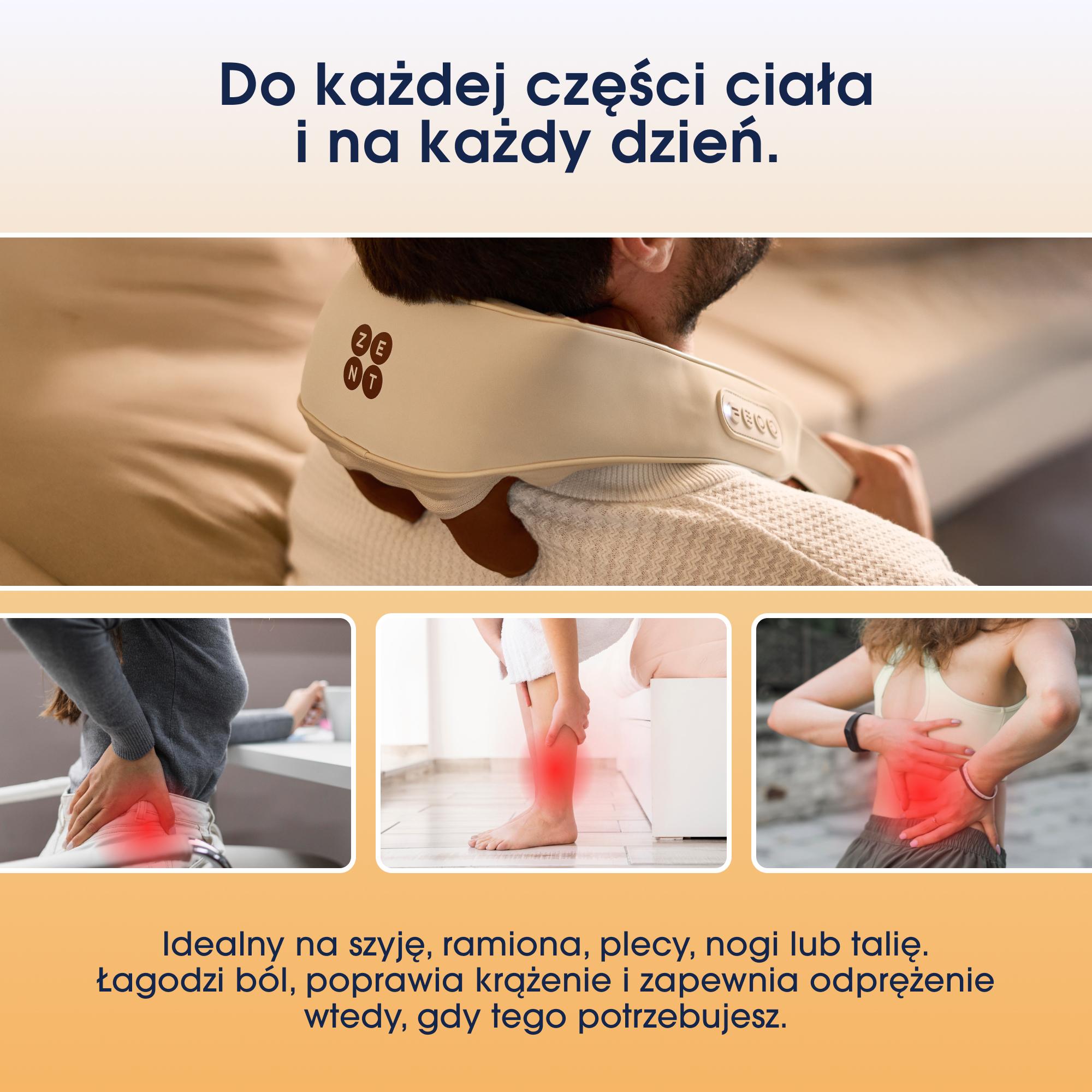 Mężczyzna używa masażera szyi. Trzy mniejsze zdjęcia pokazują ulgę w bólu pleców, łydki i dolnego odcinka kręgosłupa.