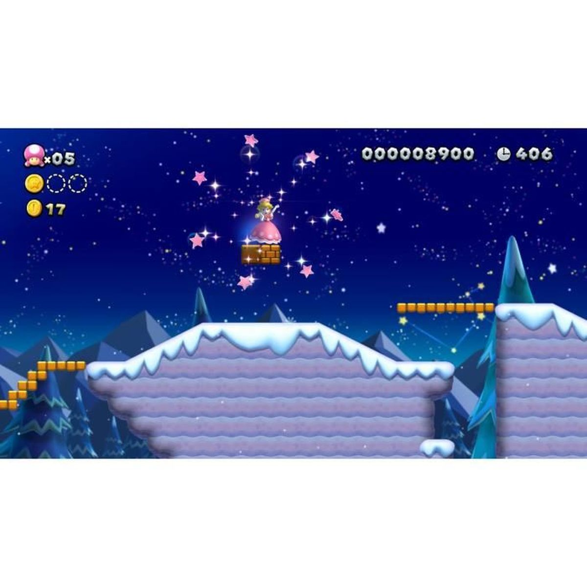 La Principessa Peach si trova su un blocco in un paesaggio notturno innevato pieno di stelle scintillanti.