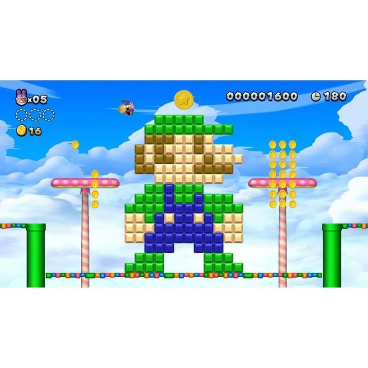 Un Luigi gigante in pixel art fatto di blocchi si trova su una corda tesa in un cielo blu.