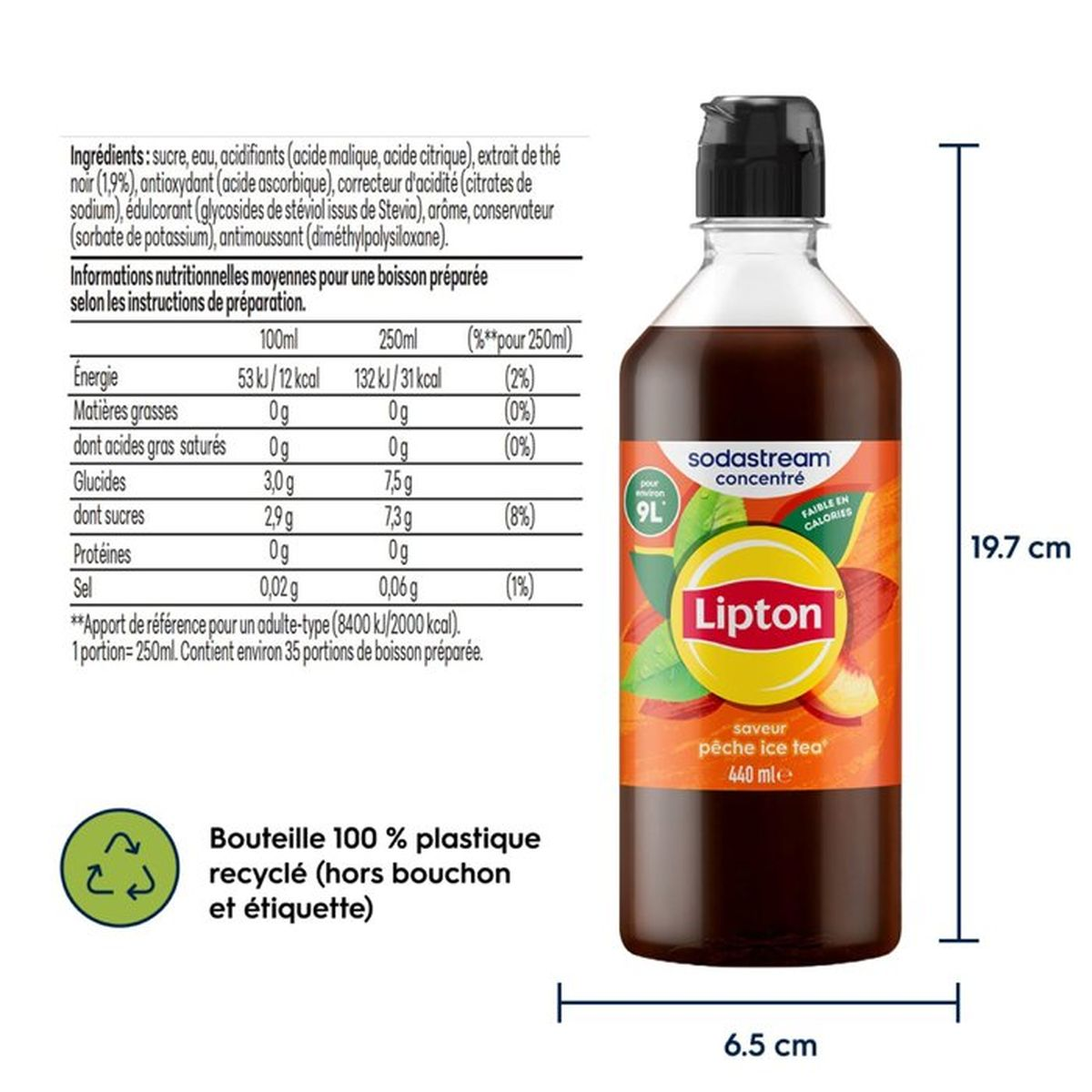 Bottiglia di concentrato di tè freddo alla pesca Lipton con dimensioni e tabella nutrizionale.