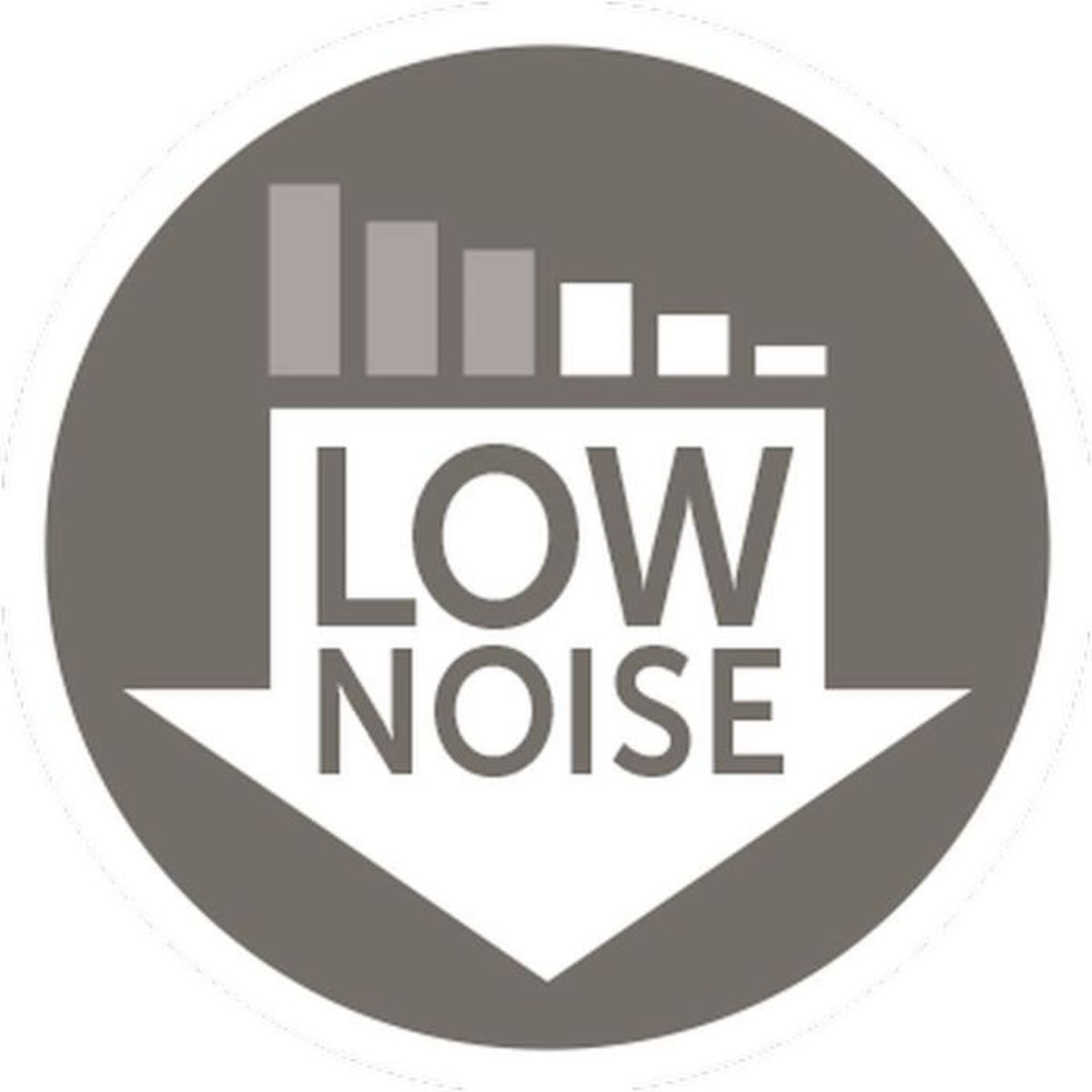 Icona grigia rotonda con freccia in giù, grafico a barre decrescente e testo LOW NOISE in bianco.