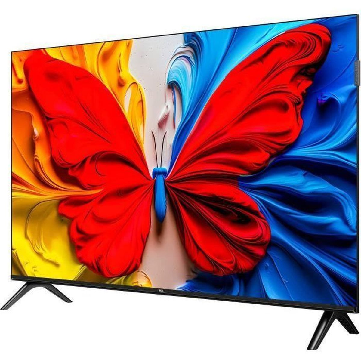 Una TV moderna con cornici sottili mostra l'immagine astratta e vibrante di una farfalla.