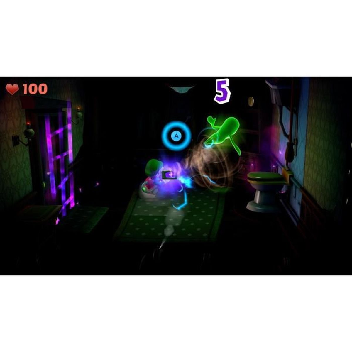 Une scène de jeu vidéo montrant un personnage vert capturant un fantôme dans une pièce sombre.