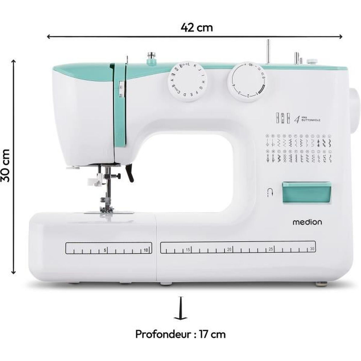 Biało-miętowa maszyna do szycia Medion o wymiarach 42 cm szerokości, 30 cm wysokości i 17 cm głębokości na białym tle.